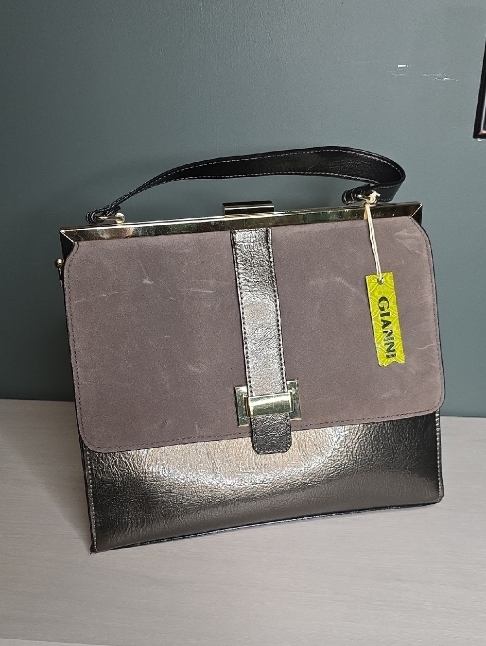 Ganni Two-Tone Gray Suede & Metallic Top-Handle Bag Lady Frame Satchel NWT